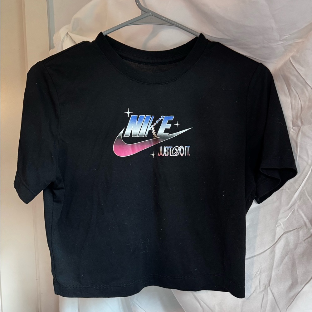 Nike Black Crop Top with Pink and Blue Logo